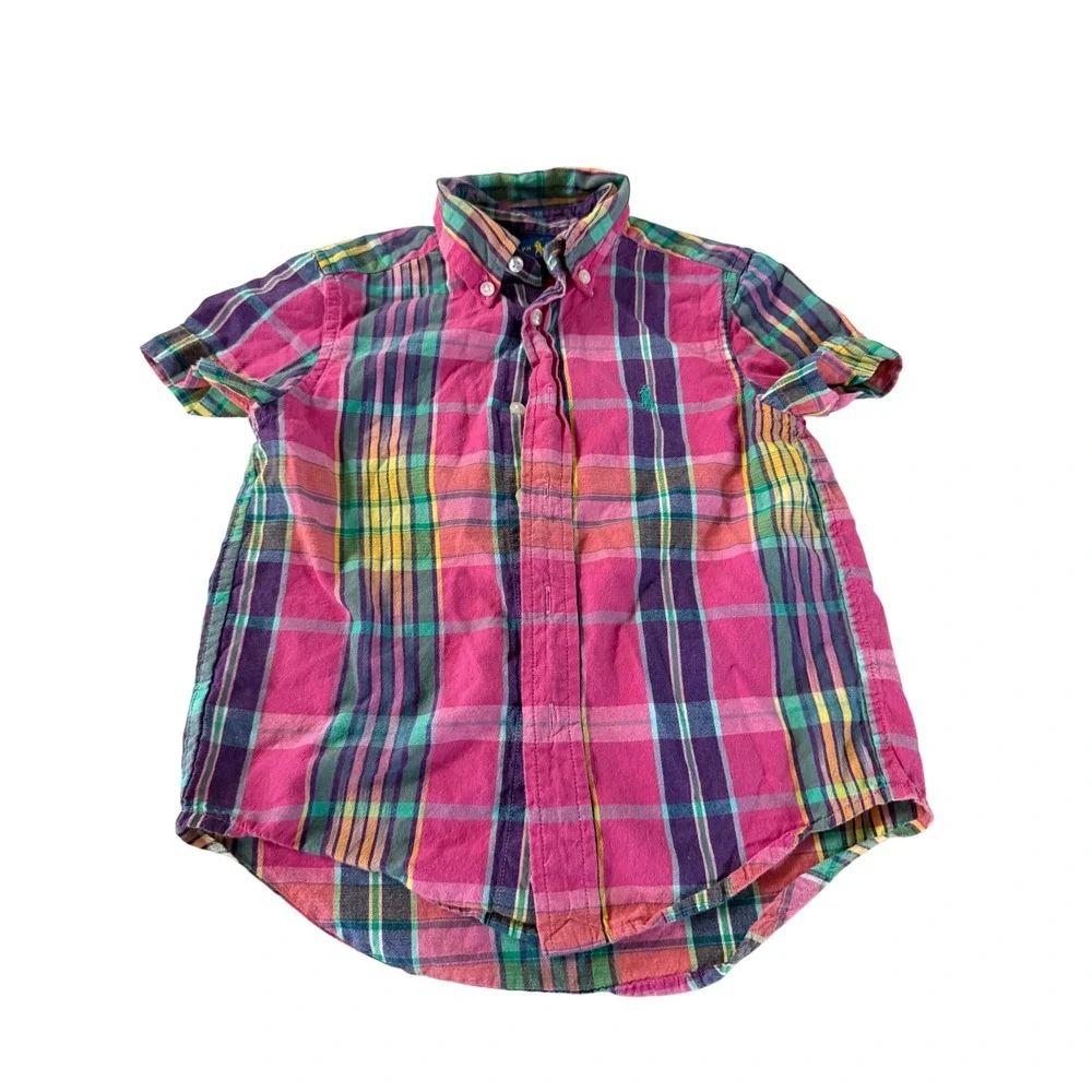 Ralph Lauren Boys Pink Plaid Short Sleeve Button Down Shirt Size 4 4T Cotton